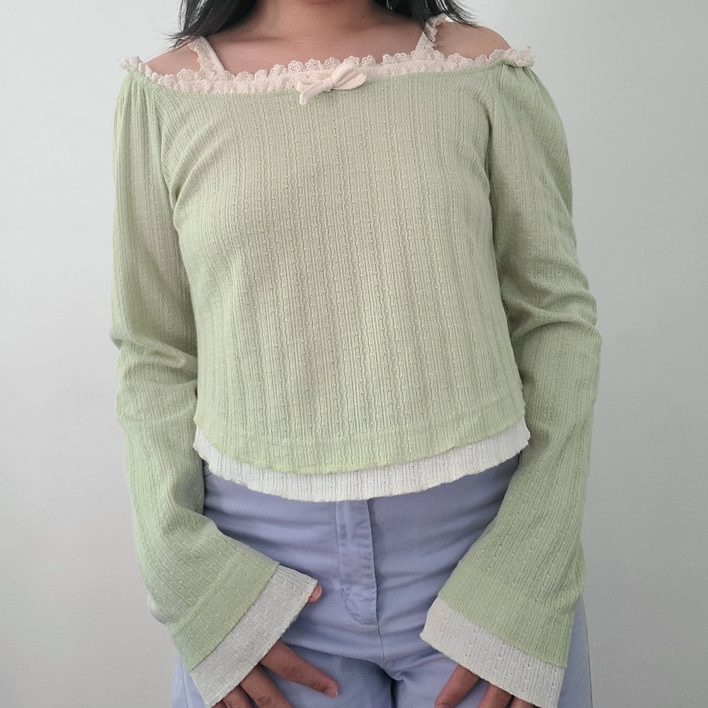 Off Shoulder Pistachio Green Lace Trim Sweater